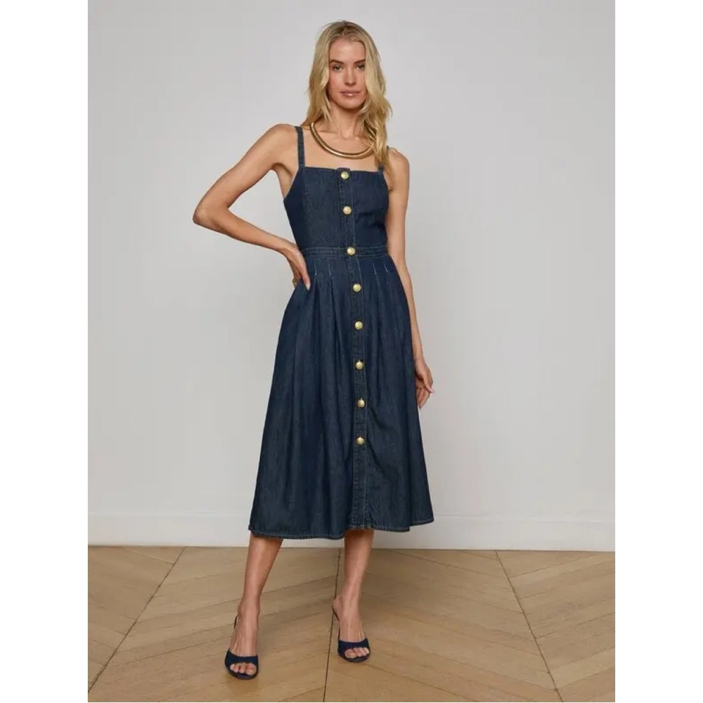 L'AGENCE Dark Blue Denim Button-Front Midi Dress